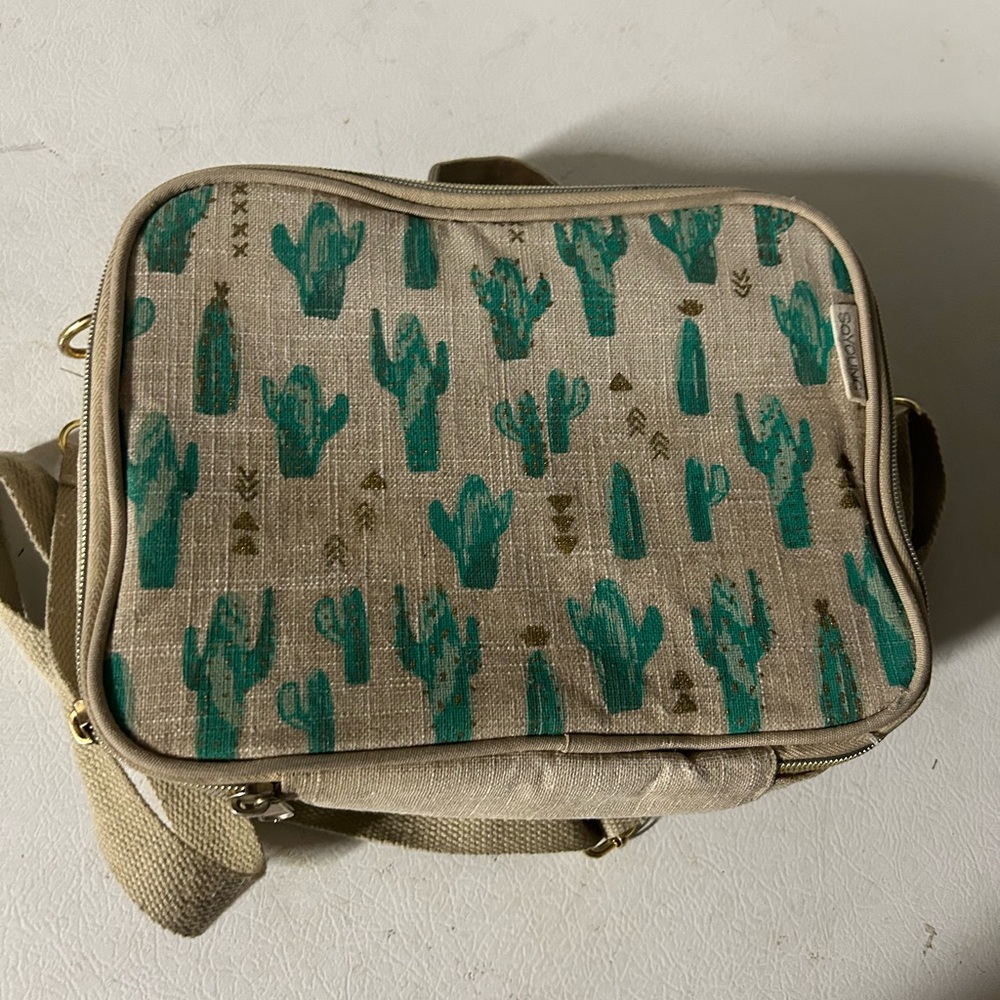 Anthropologie Beige Canvas Crossbody with Teal Cactus Print